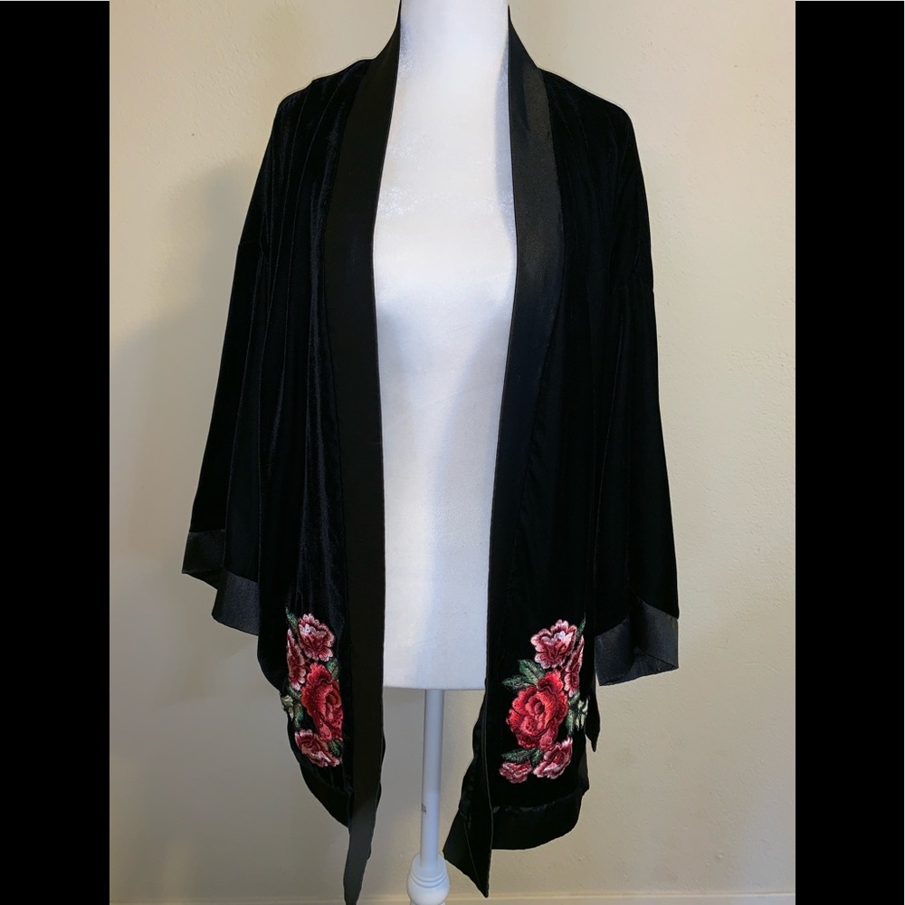 Black Velvet Kimono Style Cardigan with Satin Trim